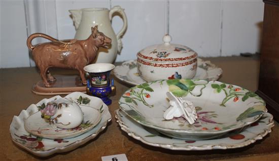 3 Chelsea plates c.1756, Bow bowl and cover, a mask jug, a cow creamer and other items